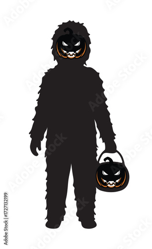 A person in a black furry costume holding a pumpkin bucket.