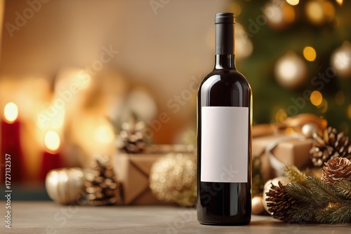 Festive Wine Bottle Displayed With Holiday Decor in Warm, Cozy Setting Near C...