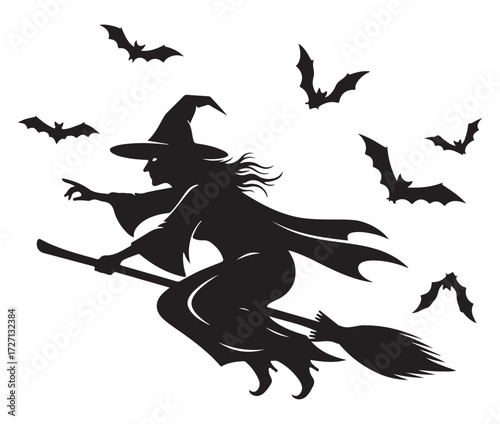 Silhouette of a witch flying on a broomstick surrounded by bats against a white background, evoking a Halloween theme.