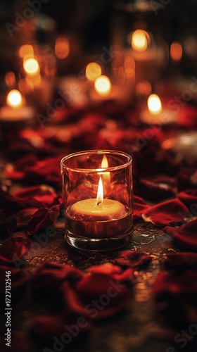 Romantic Candles Surrounded by Rose Petals for an Intimate Evening Setting.