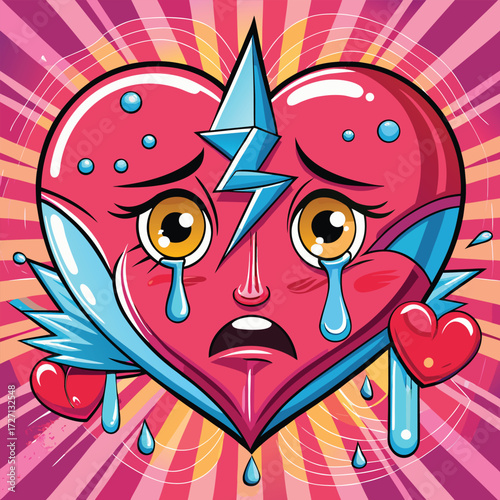 A charming, anthropomorphic broken heart character displays a wide, happy smile and rosy cheeks, despite its cracked form. This cheerful emoji design evokes resilience and optimism in love.