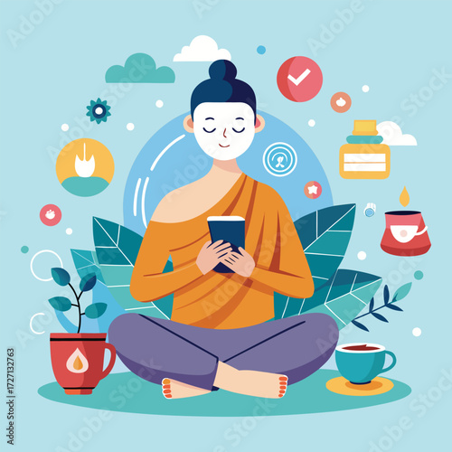 A person sits in a meditative pose surrounded by elements of relaxation and self-care. They hold a phone and wear a face mask, with coffee and skincare products nearby, promoting a sense of calm.