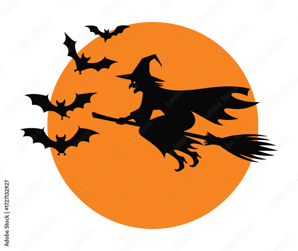 Fototapeta premium Silhouette of a witch flying on a broomstick with bats against an orange full moon, a classic Halloween scene.