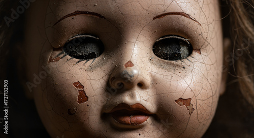 Vintage cracked porcelain doll with missing eyes on dark background  