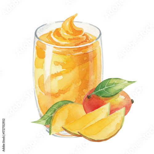 Watercolor Mango Juice Glass with Fresh Mango and Leaves Isolated on White Background, Exotic Tropical Beverage Vector Illustration