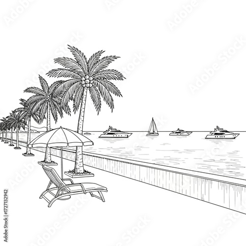Elegant tropical resort scene unfolds with pristine beach, majestic palm trees, luxurious yachts, and a tranquil chaise lounge inviting relaxation by the sea.