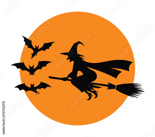 Silhouette of a witch flying on a broomstick with bats against an orange full moon.