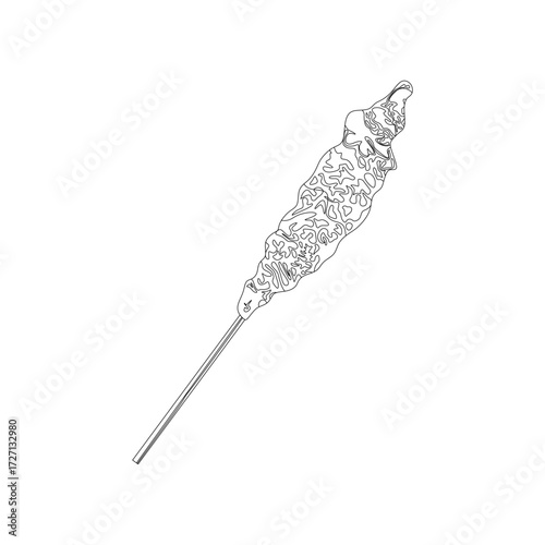 Vector outline illustration of Indonesian egg roll snack on stick, simple line art suitable for food design and culinary icon use.