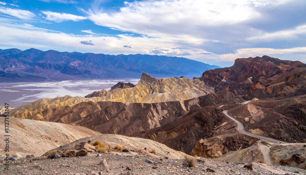 Fototapeta premium Arid landscape with striated hills, winding road, expansive valley, under a cloudy sky