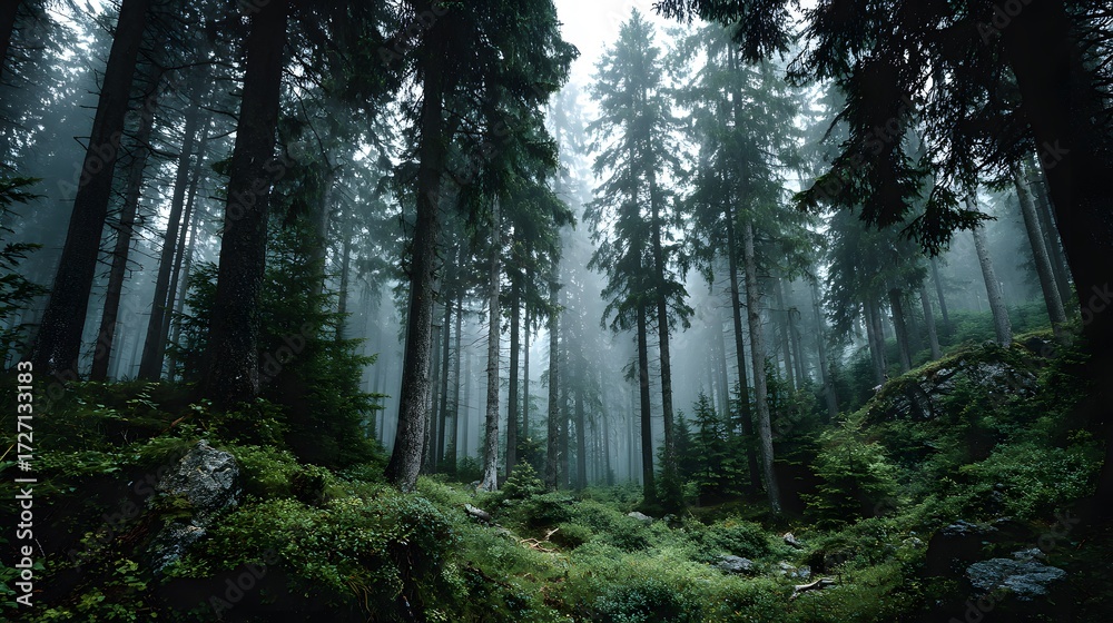 Obraz premium Moody, atmospheric photograph from deep within a dense, misty evergreen forest, showing tall, straight tree trunks creating a powerful vertical pattern.