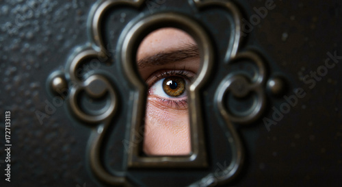 Eye of a person looking through a keyhole in a dark background  