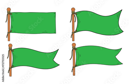 Four green flags of different shapes and styles attached to wooden poles, depicted in a simple illustration.
