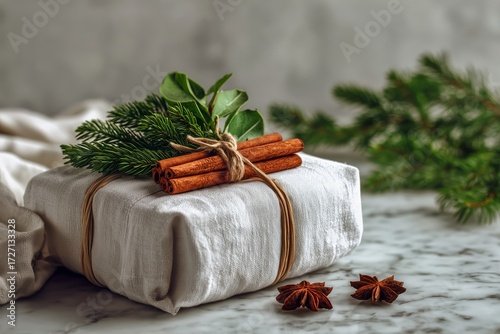 Elegant Gift Wrapped in Natural Materials With Cinnamon and Greenery on Marbl...