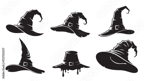 Vector illustration set featuring various dark witch hats with buckles and pointed crowns, suitable for Halloween and fantasy themes.