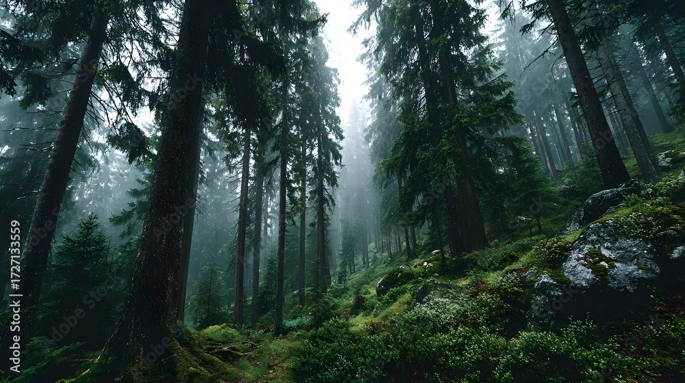 Obraz premium Moody, atmospheric photograph from deep within a dense, misty evergreen forest, showing tall, straight tree trunks creating a powerful vertical pattern.