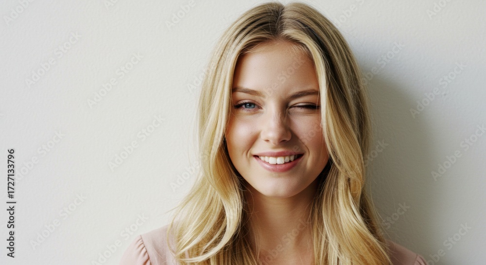 Fototapeta premium Winking woman portrait setting bright background joyful expression