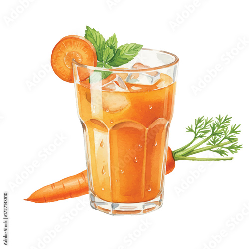 Watercolor Carrot Juice Glass with Fresh Carrot and Leaves Isolated on White Background, Healthy Orange Drink Vector Illustration