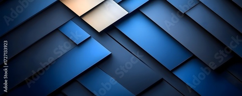 An abstract arrangement of overlapping blue and gray rectangles with a gold rectangle accenting the design