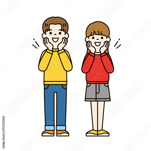 目を輝かせて興奮する、若い男性と女性の全身ベクターイラスト素材＿カラー
