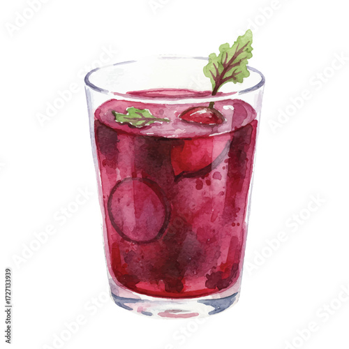 Watercolor Beet Juice Glass with Fresh Beetroot Isolated on White Background, Healthy Purple Red Drink Vector Illustration