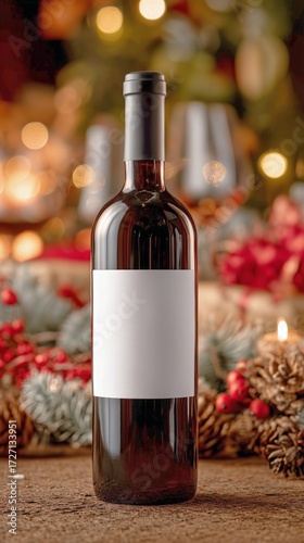 Red Wine Bottle on Wooden Table Decorated for Holiday Celebration in Cozy Set...
