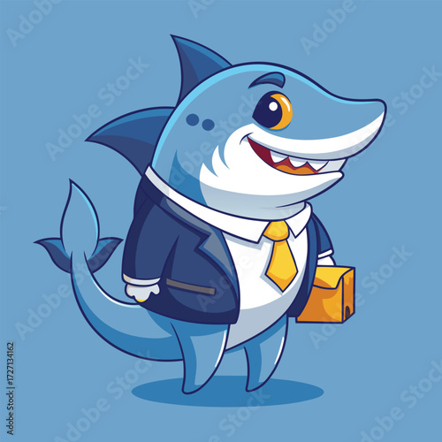 A cheerful, anthropomorphic cartoon shark dressed in a sharp suit and tie, carrying a briefcase. This playful character embodies professional ambition with a touch of aquatic charm.