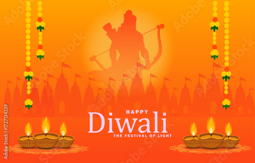 Lord Rama Silhouette with Temples and Diyas on Diwali Festival Background
