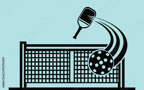 Pickleball Paddle, Ball, and Net Silhouette Vector Illustration
