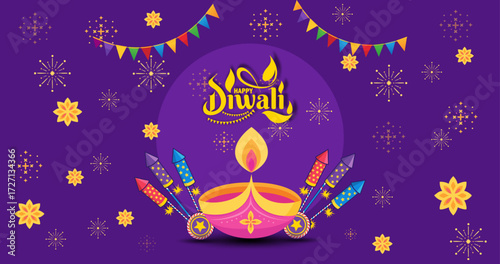 Colorful Diwali Festival Background with Diya, Firecrackers, and Festive Decorations