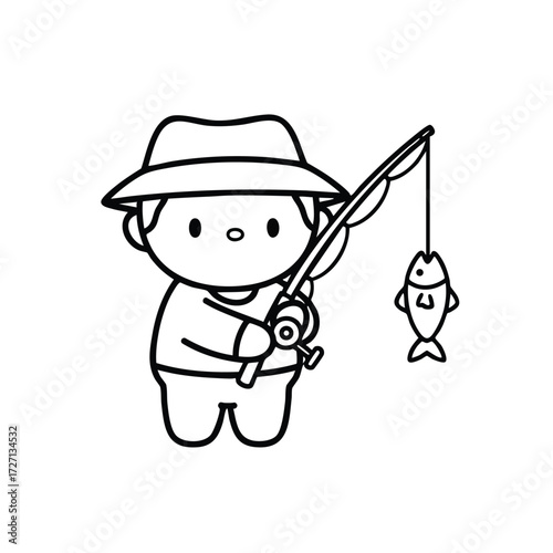 A cheerful child proudly holds a fishing rod with a freshly caught fish, showcasing the joy of fishing.