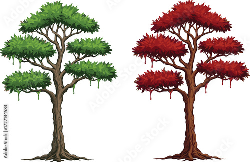Stylized twin tree illustration with dripping foliage, seasonal contrast concept in green and red, surreal nature art for vector design