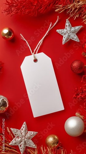 Decorative Red Background With Blank Tag and Festive Elements for Holiday Cel...