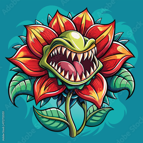 Vibrant red flower petals frame a menacing green monster's head, compl with sharp teeth and glowing eyes. This unique creature design combines the beauty of a bloom with terrifying reptilian features.