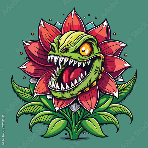 Vibrant red flower petals frame a menacing green monster's head, compl with sharp teeth and glowing eyes. This unique creature design combines the beauty of a bloom with terrifying reptilian features.