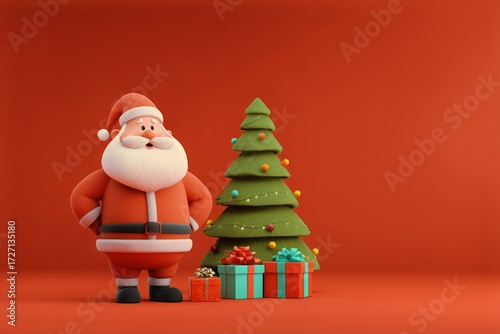 Sitting Santa Claus Next to a Festive Christmas Tree With Colorful Gifts in a...