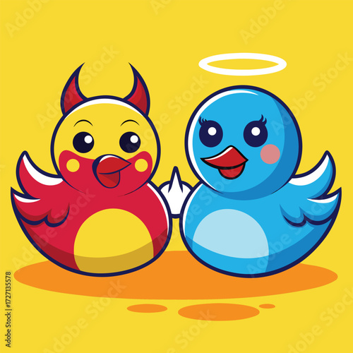 Two charming cartoon ducklings, one with devil horns and the other with an angel halo, symbolize a unique and inseparable friendship with vibrant colors and playful expressions.