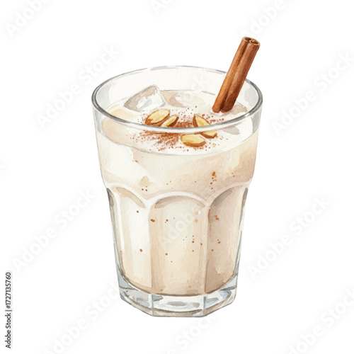 Watercolor Horchata Glass with Cinnamon and Nuts Isolated on White Background, Traditional Sweet Drink Vector Illustration
