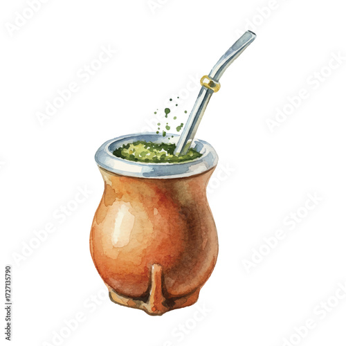 Watercolor Yerba Mate Cup with Metal Straw Isolated on White Background, Traditional Herbal South American Drink Vector Illustration