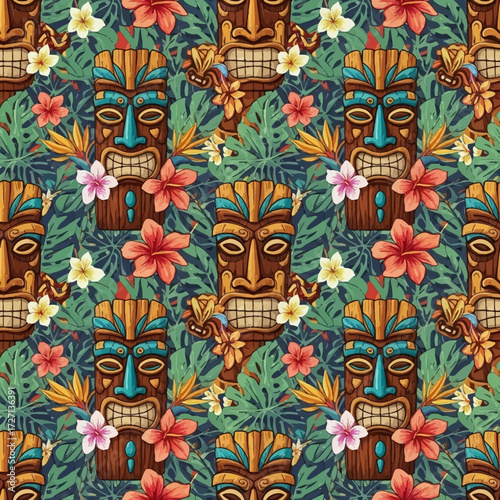 Vibrant tropical pattern featuring colorful tiki masks and lush exotic flowers evoking a festive luau party atmosphere