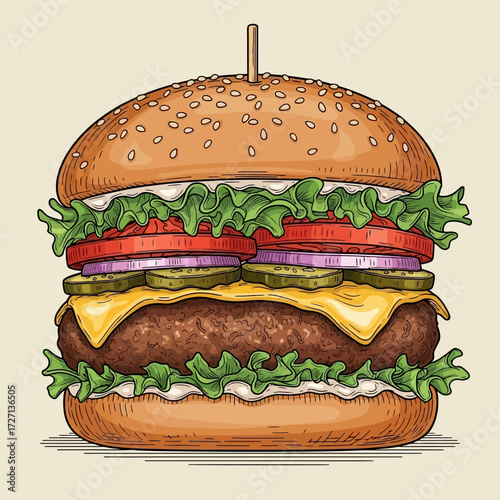 Juicy stacked burger with fresh lettuce, ripe tomatoes, melted cheese, and pickles, perfect for fast food advertising and culinary inspiration.