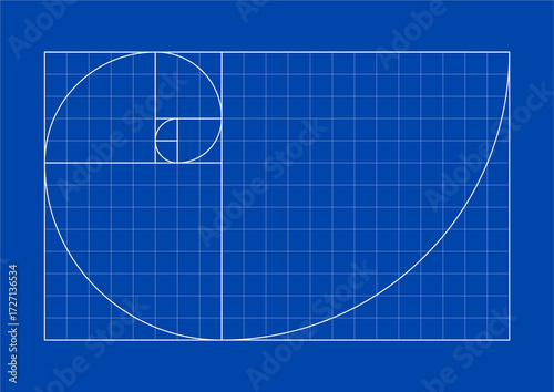Golden Ratio Fibonacci Spiral with Grid on Blue Background. Mathematical Design.