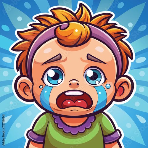 A vibrant cartoon portrait of a distressed infant. The child's mouth is wide open in a cry, with prominent tears streaming down their cheeks. Playful colors and textures define the scene.