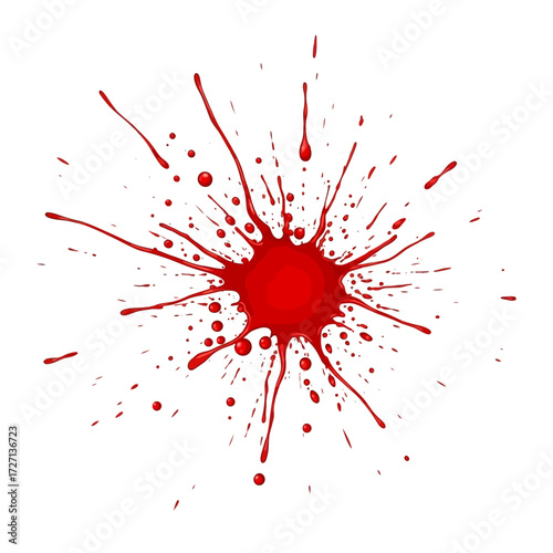 Dynamic vibrant red liquid splash explodes outward with energetic droplets and splatters, perfect for dramatic design accents.