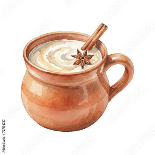 Watercolor Atole Cup with Cinnamon Isolated on White Background, Traditional Mexican Hot Corn Drink Vector Illustration