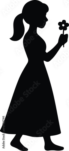 A silhouette of a girl in a long skirt, holding a small flower -like object, silhouette vector icon