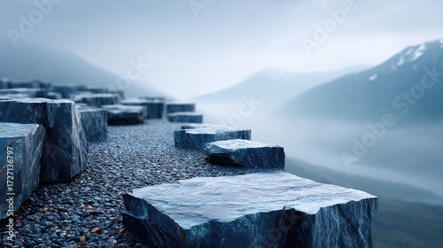 Abstract Volcanic Rock Formation with Mountain Vista Under a Soft Light