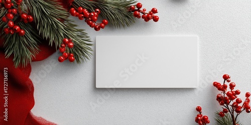 Festive christmas card mockup with red berries, pine branches, and blank space