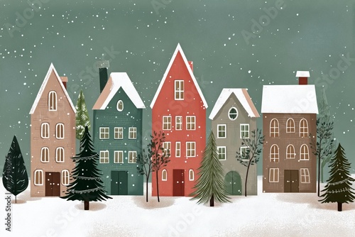 Colorful Houses Decorated for Winter Holidays in a Snowy Town Scene at Night.