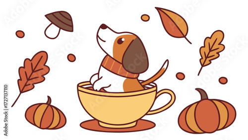 A Playful Dog with in a teacup in a Autumn theme – Autumn Leaves palette SVG illustration