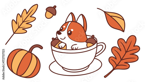 A Amused Dog with in a teacup in a Autumn theme – Autumn Leaves palette SVG illustration